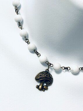Genuine White Magnesite Short Necklace, Natural Gemstone & Bronze Round Mushroom